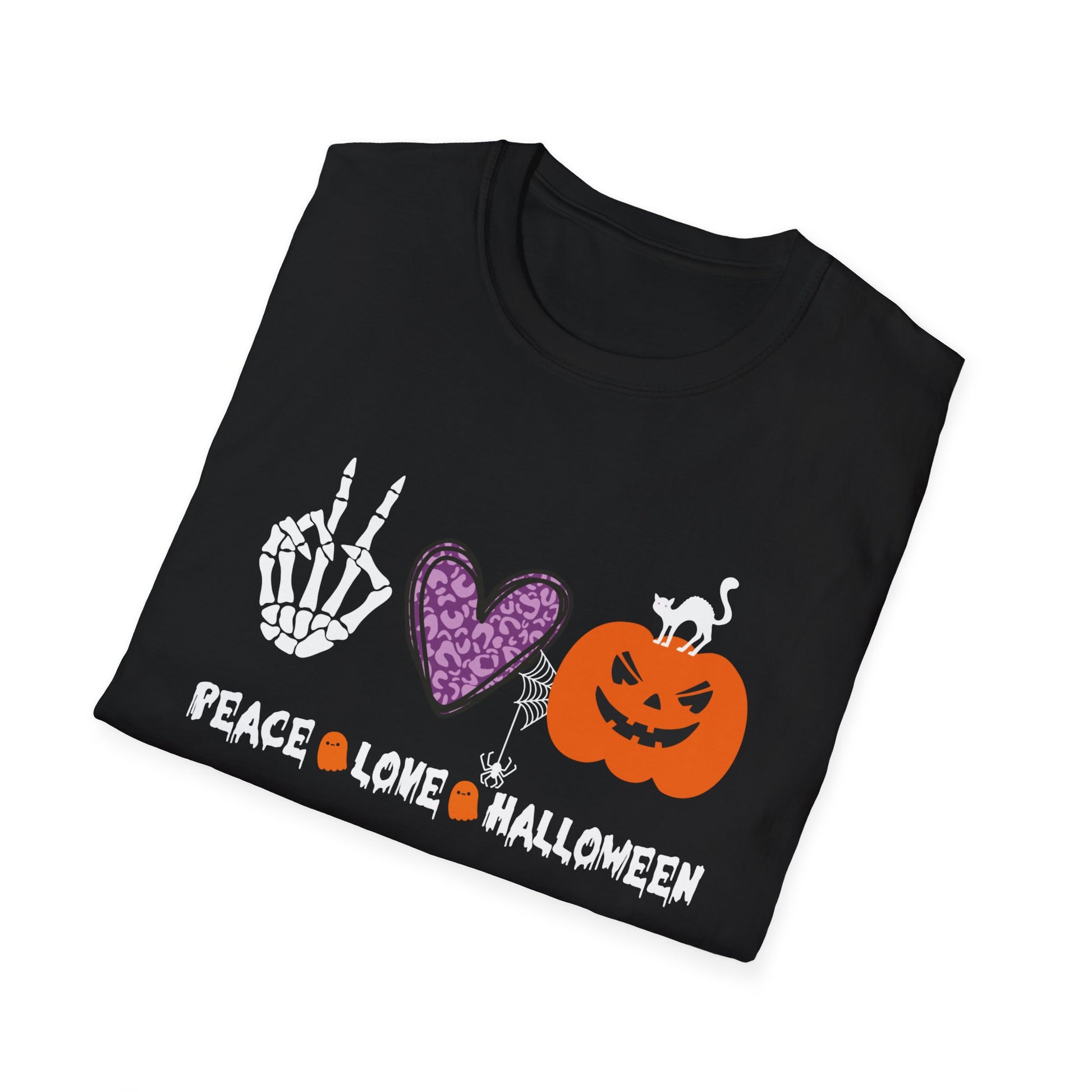 Peace Love Halloween skeleton Hands Funny Halloween Costume TeeUnisex Softstyle T-Shirt