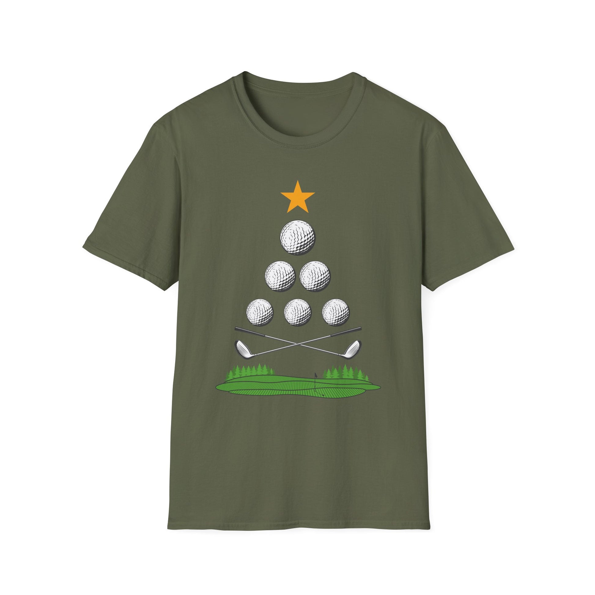 Golf Christmas Tree T-Shirt — Golf Ball Tree with Crossed Clubs Holiday Tee