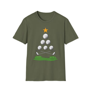 Golf Christmas Tree T-Shirt — Golf Ball Tree with Crossed Clubs Holiday Tee