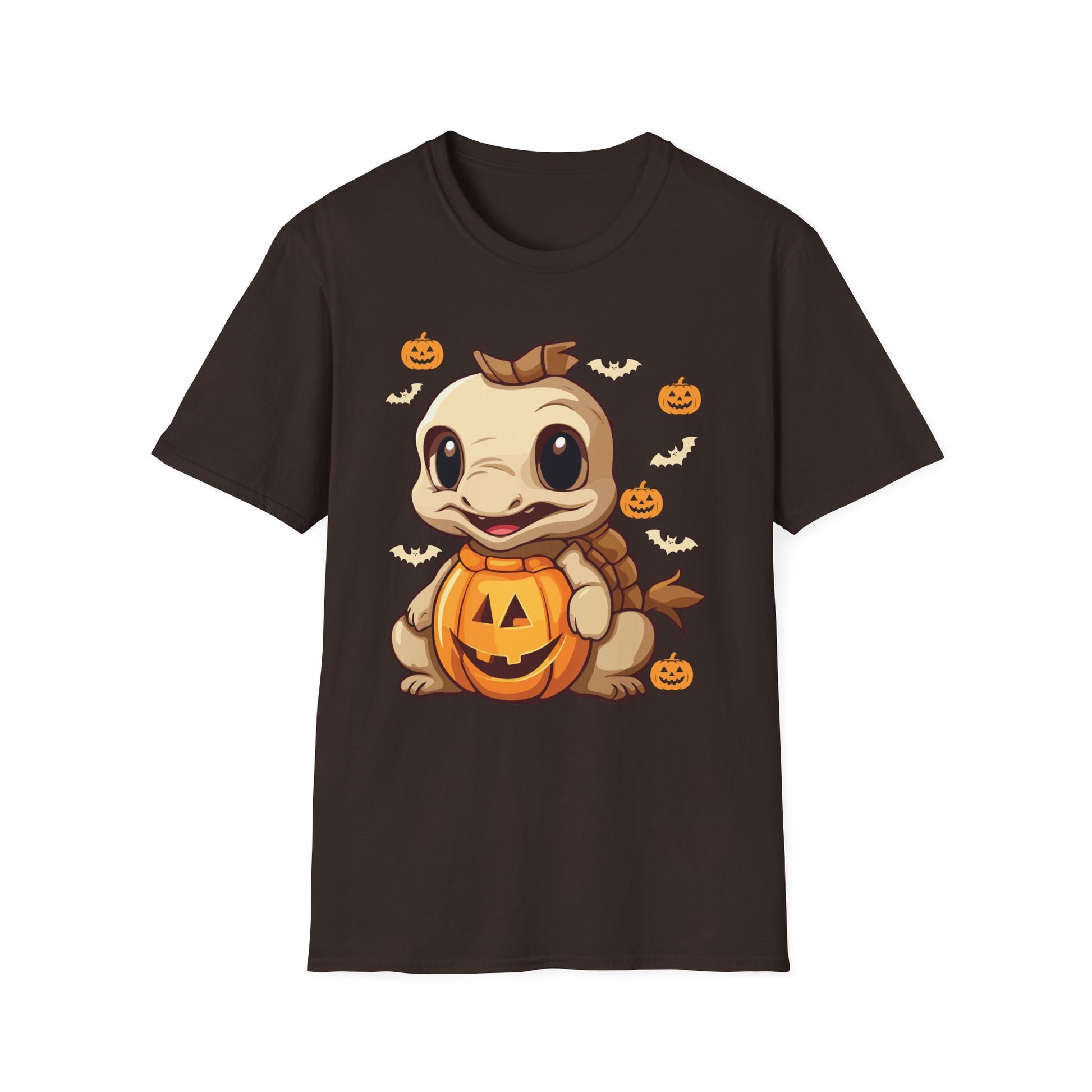 Cute Dinosaur Halloween T-Shirt — Baby Dino with Jack-O'-Lantern Pumpkins