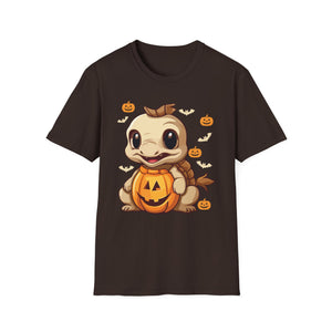 Cute Dinosaur Halloween T-Shirt — Baby Dino with Jack-O'-Lantern Pumpkins