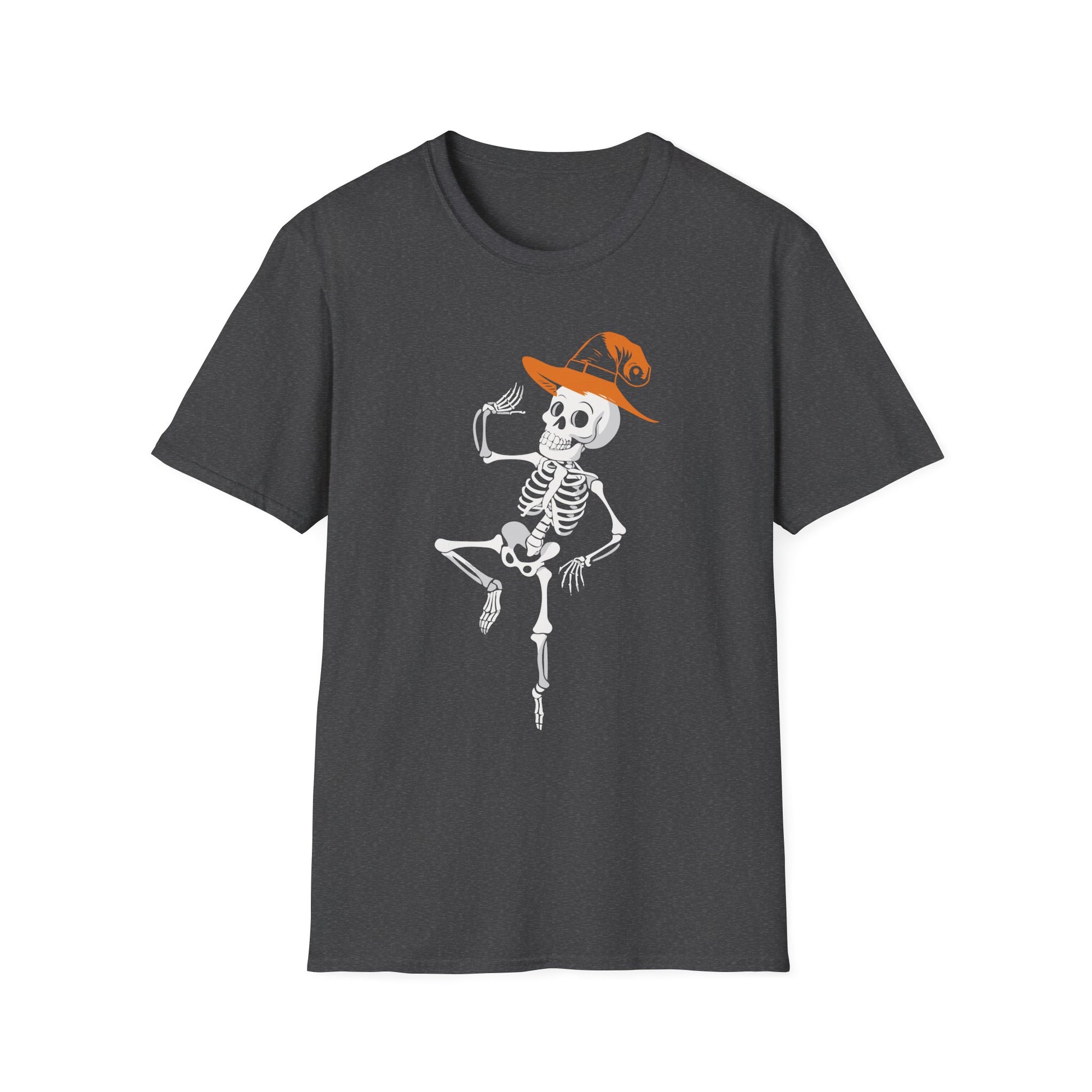 Dancing Skeleton Tee with Orange Witch Hat – Halloween Party T-Shirt