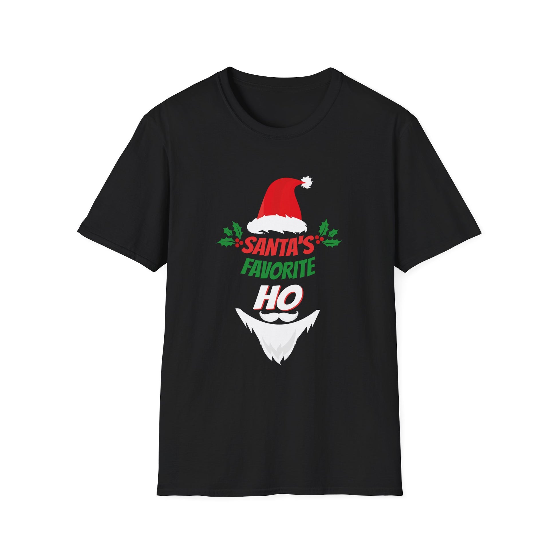 Funny Christmas Santa_s Favorite Ho Naughty Pajama Black Unisex Adult Cotton Polyester Short Sleeve Unisex Softstyle T-Shirt