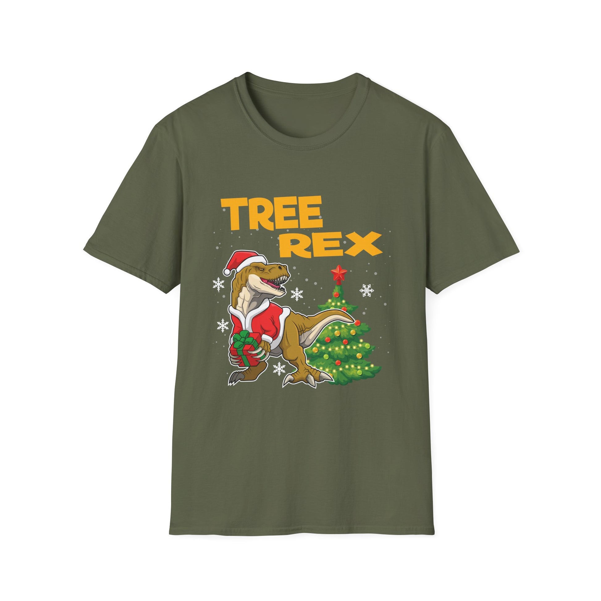 Tree Rex Christmas T-Shirt — Funny Santa T-Rex Decorating Tree Holiday Tee