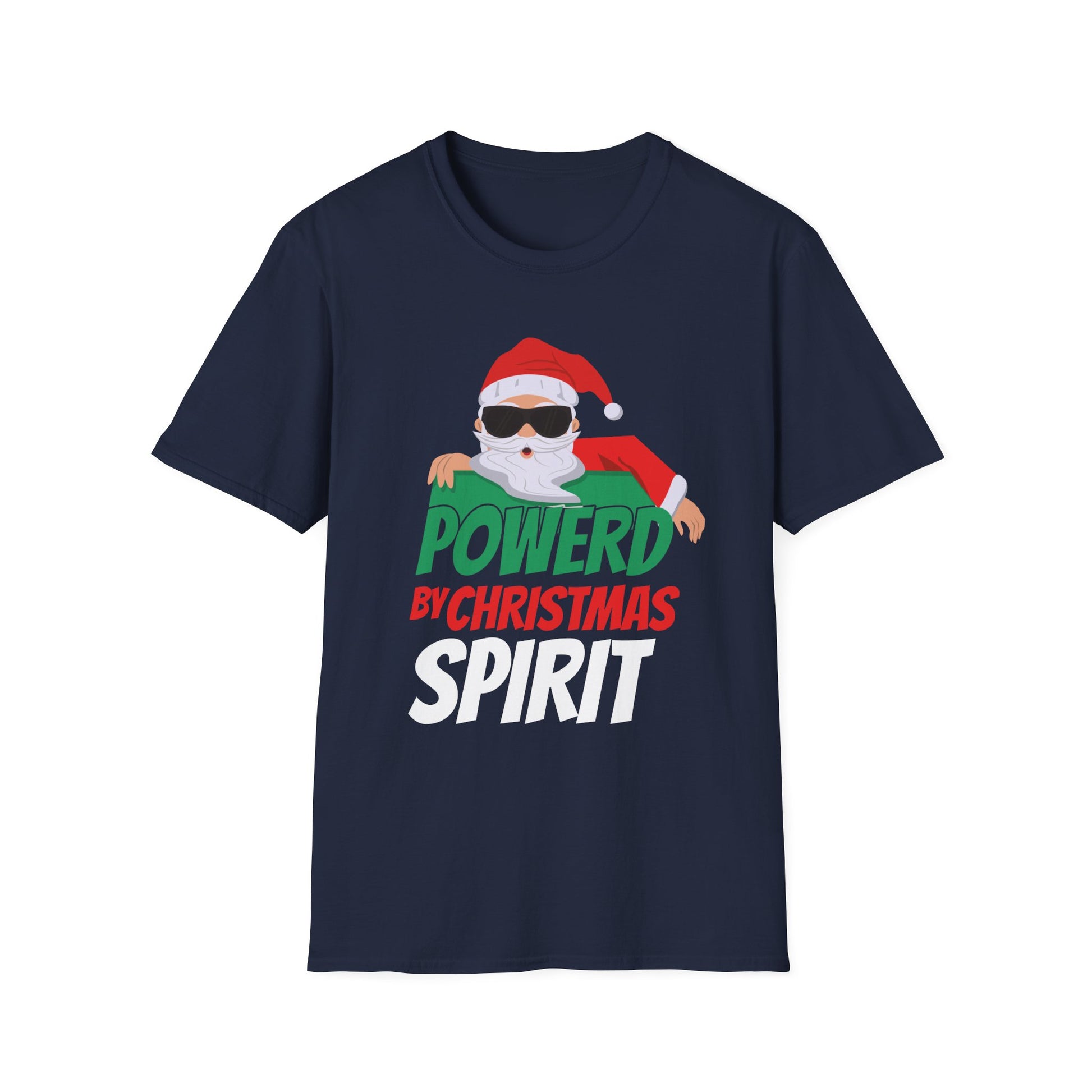 Christmas T-Shirt — "Powered by Christmas Spirit" Holiday Santa Tee