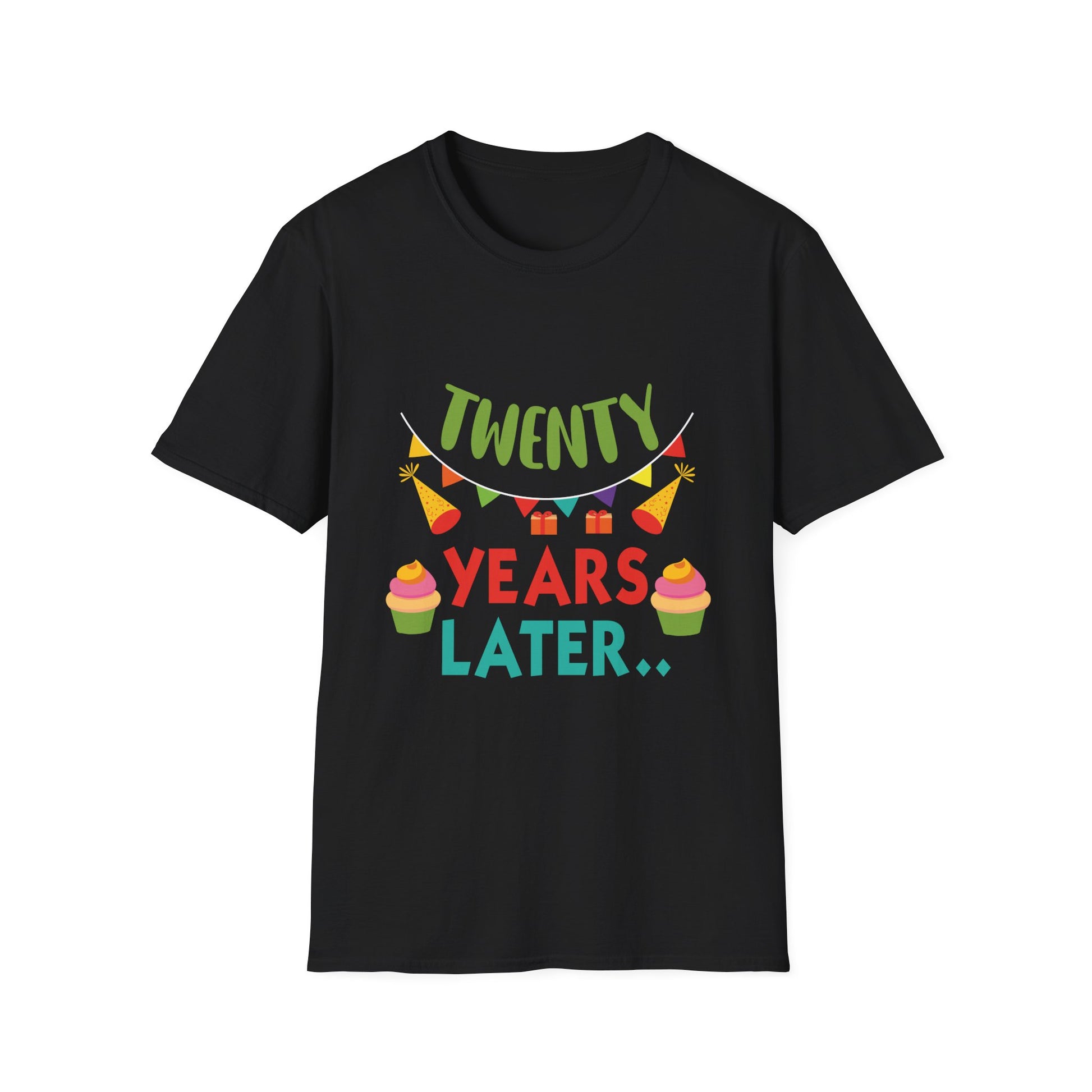 T-Shirt — "Twenty Years Later" Birthday Tee with Cupcakes & Party Banners