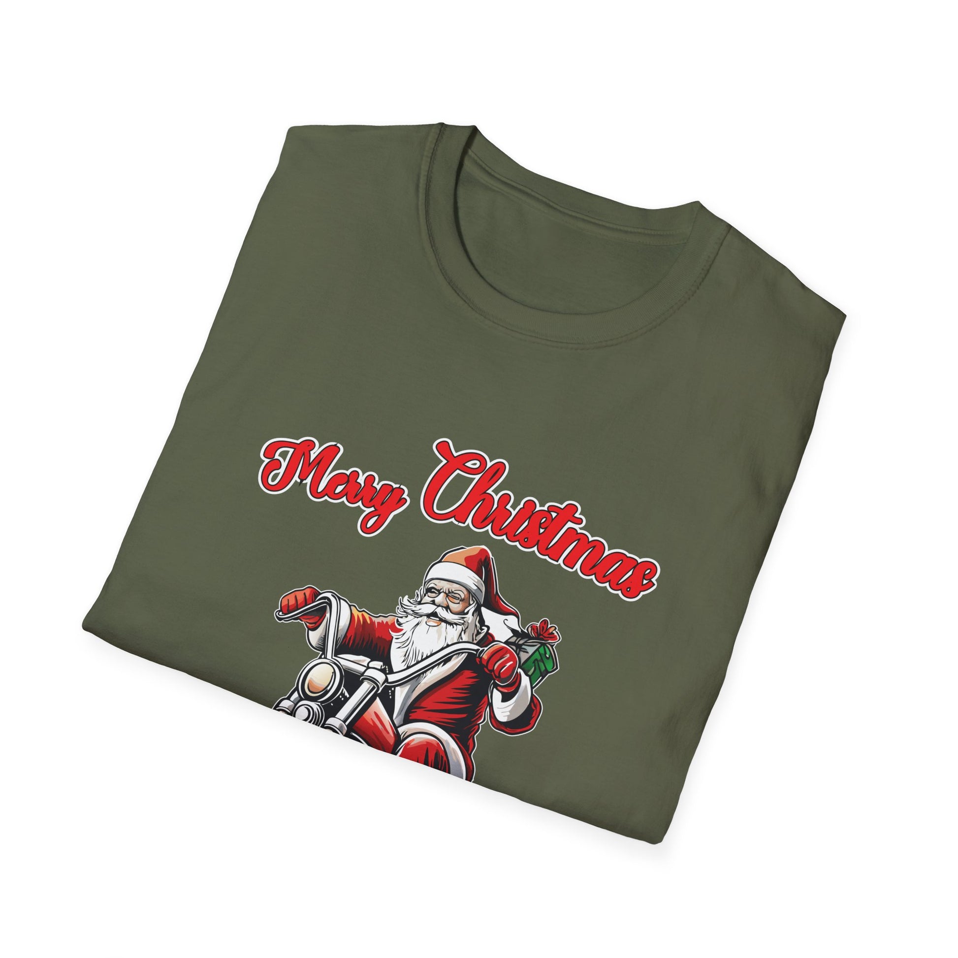 Santa Riding a Motorbike Christmas Tee_ Motorcycle Christmas Unisex Softstyle T-Shirt