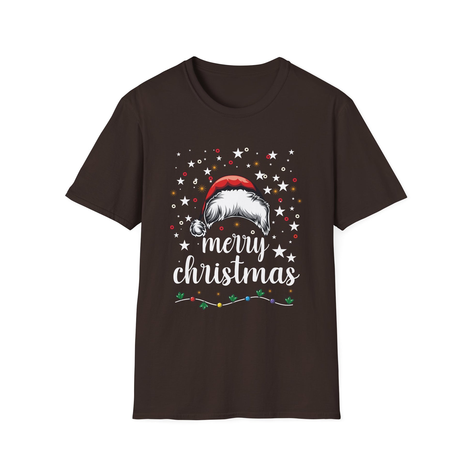 Christmas T-Shirt — "Merry Christmas" Santa Hat & Lights Holiday Tee
