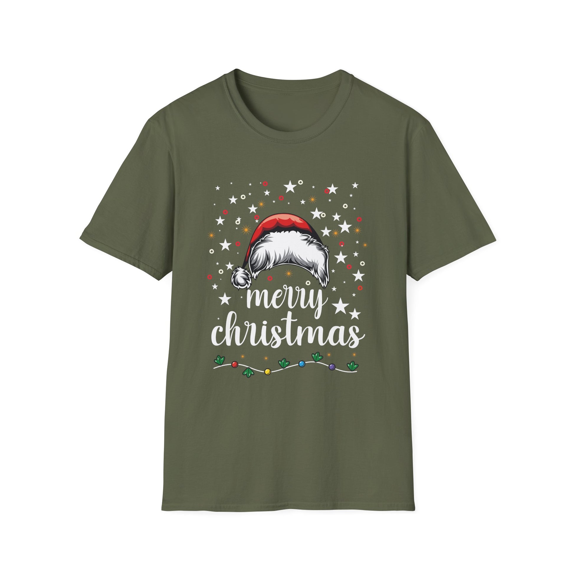 Christmas T-Shirt — "Merry Christmas" Santa Hat & Lights Holiday Tee