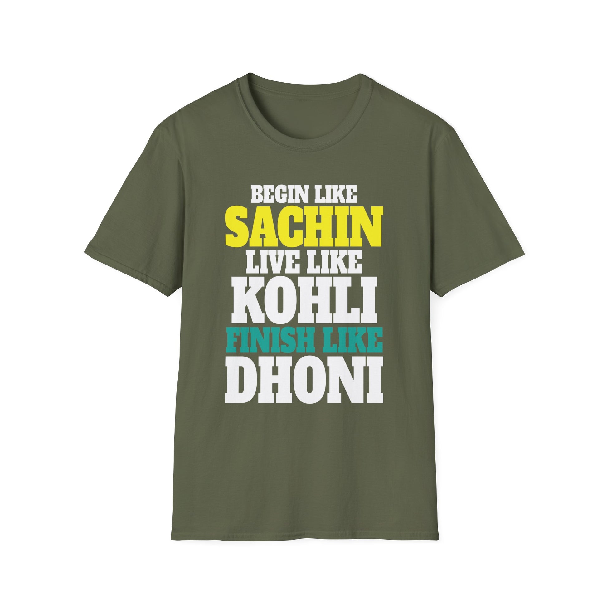 Cricket Legends T-Shirt — "Begin Like Sachin, Live Like Kohli, Finish Like Dhoni"