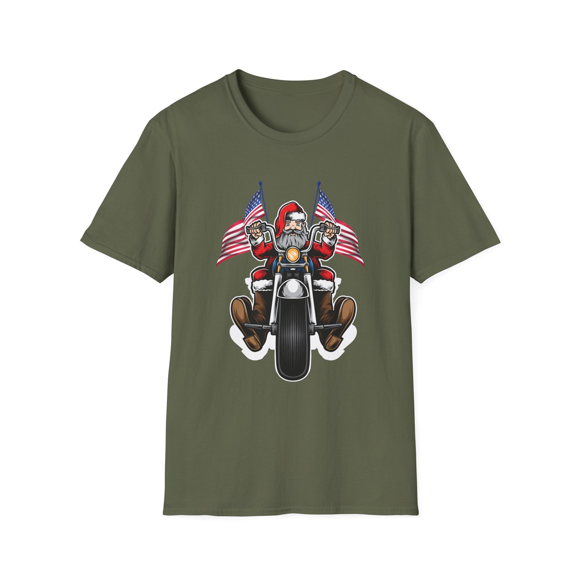 Santa Riding Motorcycle on Christmas - Biker US Flag Unisex Softstyle T-Shirt