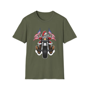 Santa Riding Motorcycle on Christmas - Biker US Flag Unisex Softstyle T-Shirt