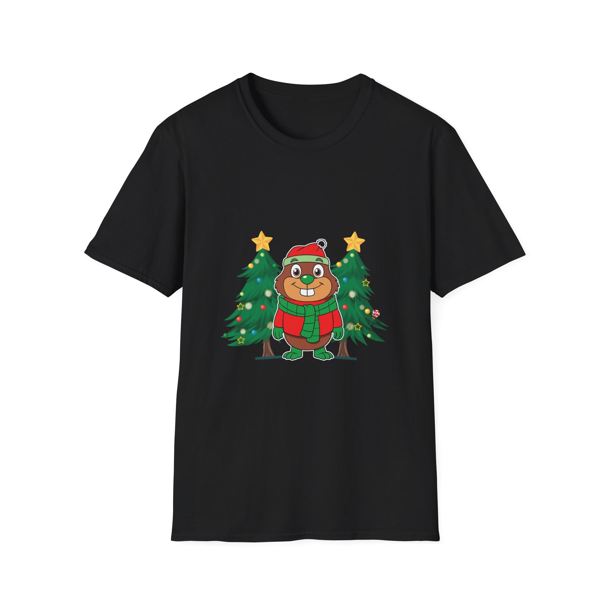 Christmas Groundhog T-Shirt — Cute Festive Groundhog in Scarf with Decorated Trees