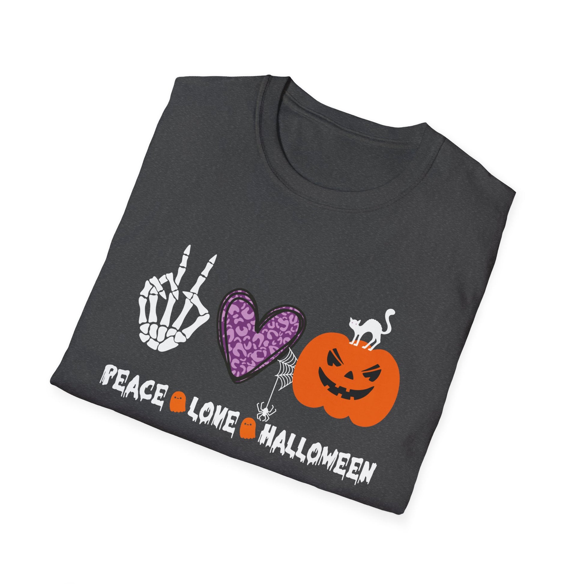 Peace Love Halloween skeleton Hands Funny Halloween Costume TeeUnisex Softstyle T-Shirt