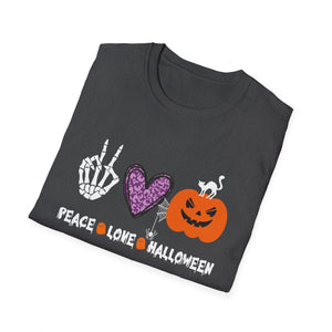 Peace Love Halloween skeleton Hands Funny Halloween Costume TeeUnisex Softstyle T-Shirt
