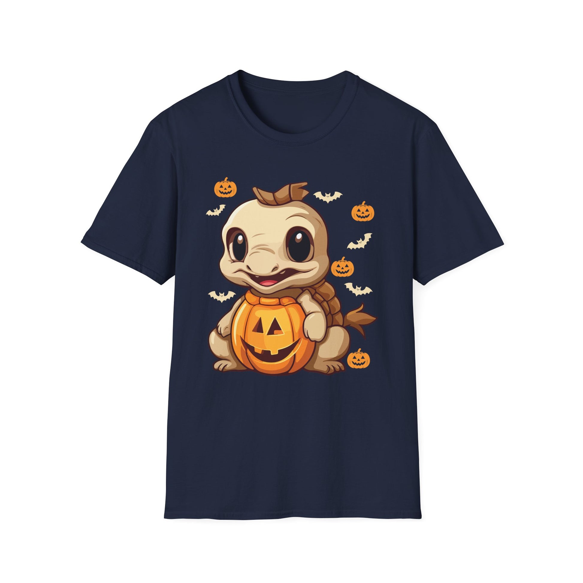 Cute Dinosaur Halloween T-Shirt — Baby Dino with Jack-O'-Lantern Pumpkins