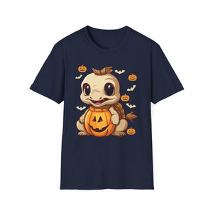 Cute Dinosaur Halloween T-Shirt — Baby Dino with Jack-O'-Lantern Pumpkins