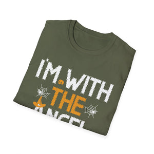 I'm With The Angel Halloween T-Shirt — Funny Witch & Angel Broom Tee