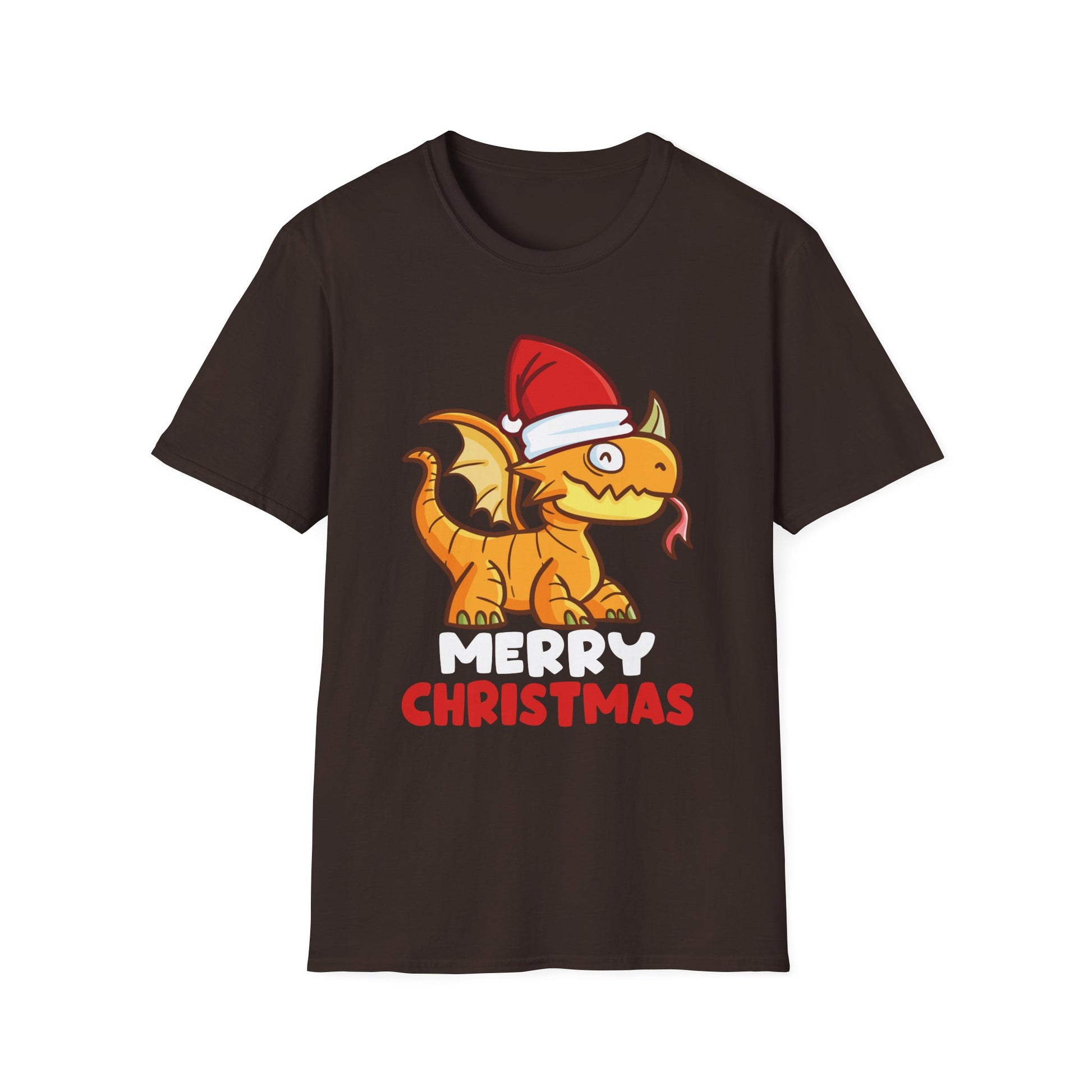 Christmas Dragon T-Shirt — Cute Cartoon Dragon in Santa Hat, "Merry Christmas" Holiday Tee