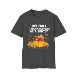 Thanksgiving T-Shirt — “Our First Thanksgiving as a Family” Fall Pumpkin Turkey Tee