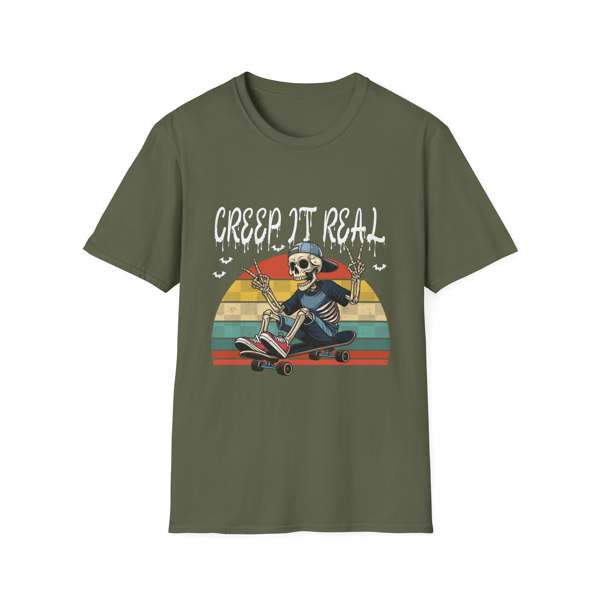 Creep It Real Skateboard Skeleton T-Shirt — Retro Halloween Skull Tee