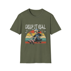 Creep It Real Skateboard Skeleton T-Shirt — Retro Halloween Skull Tee