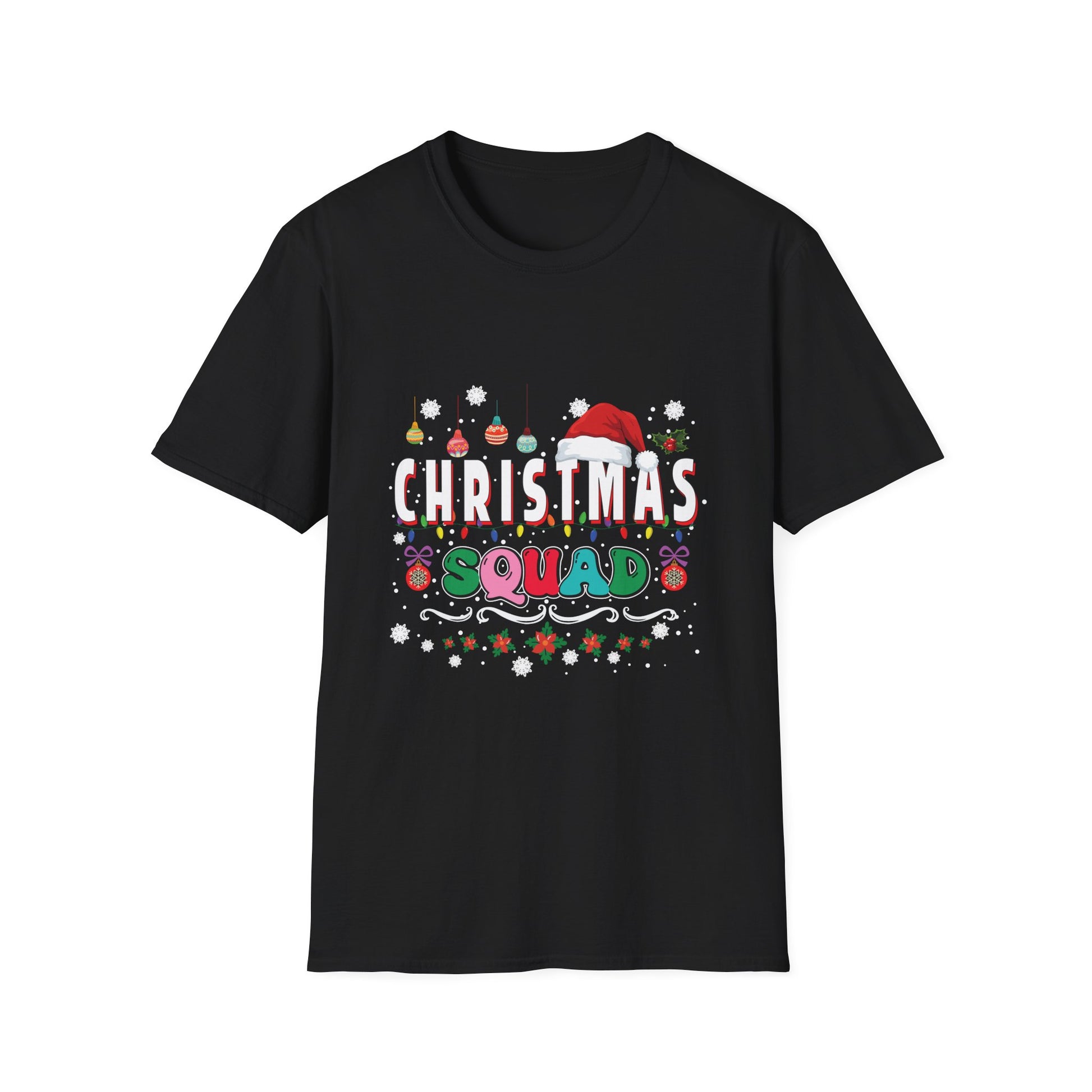 Christmas Squad T-Shirt — Festive Holiday Family Tee with Santa Hat & Ornaments