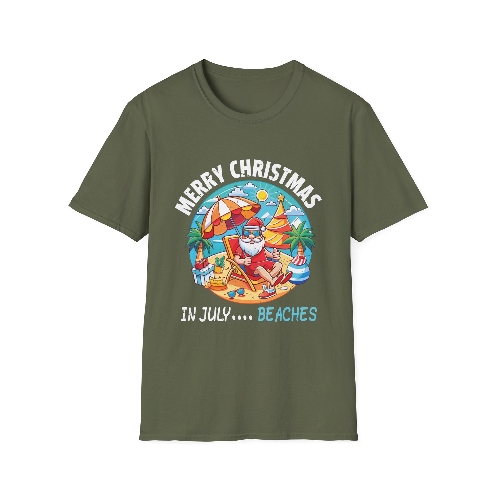 Merry Christmas in July T-Shirt – Santa on the Beach Graphic Tee