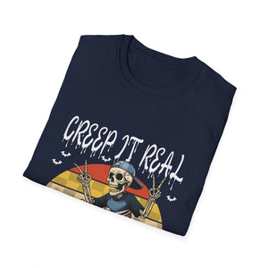 Creep It Real Skateboard Skeleton T-Shirt — Retro Halloween Skull Tee