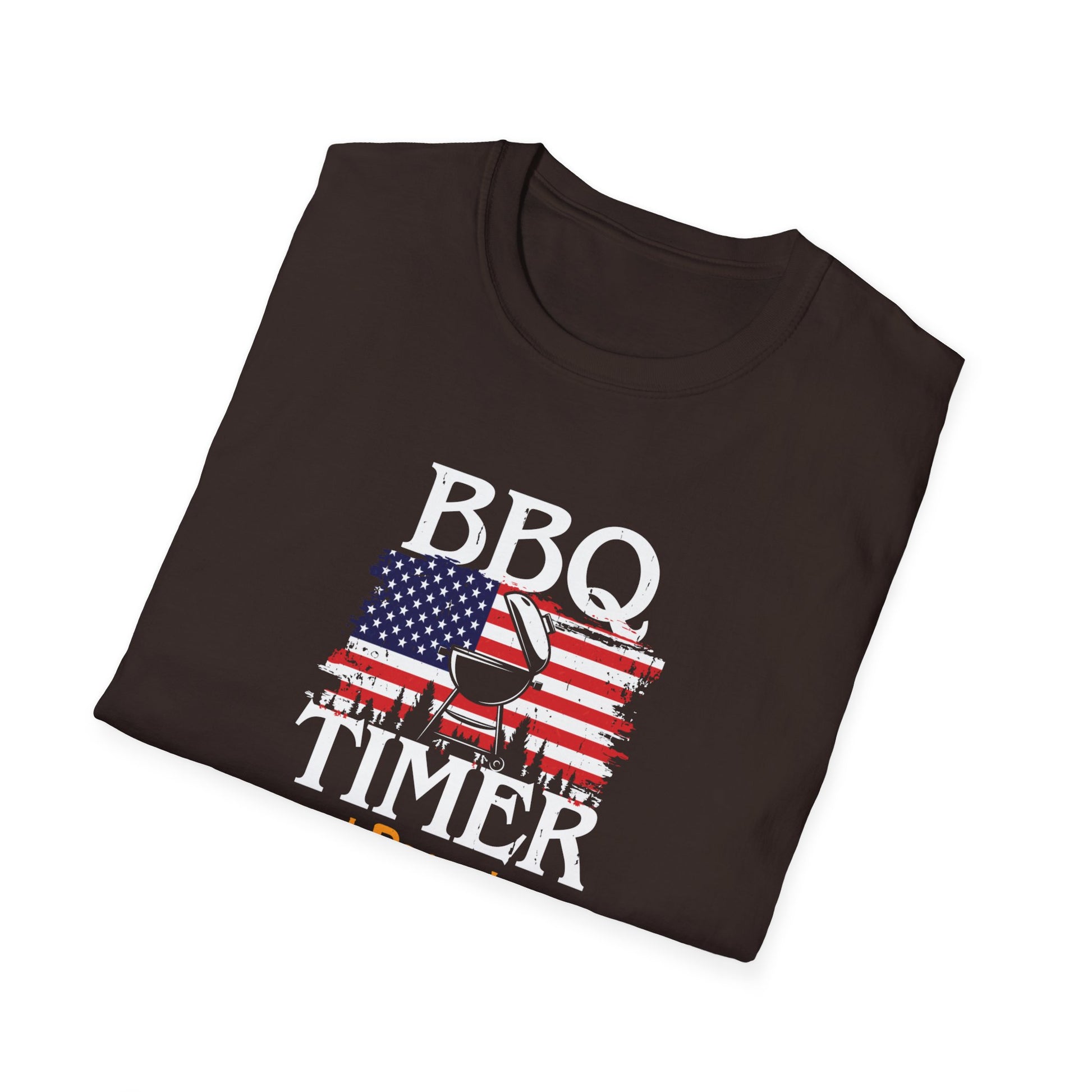 BBQ Timer T-Shirt – Funny Grilling Shirt with American Flag & Doneness Levels (Rare, Medium, Well Done)