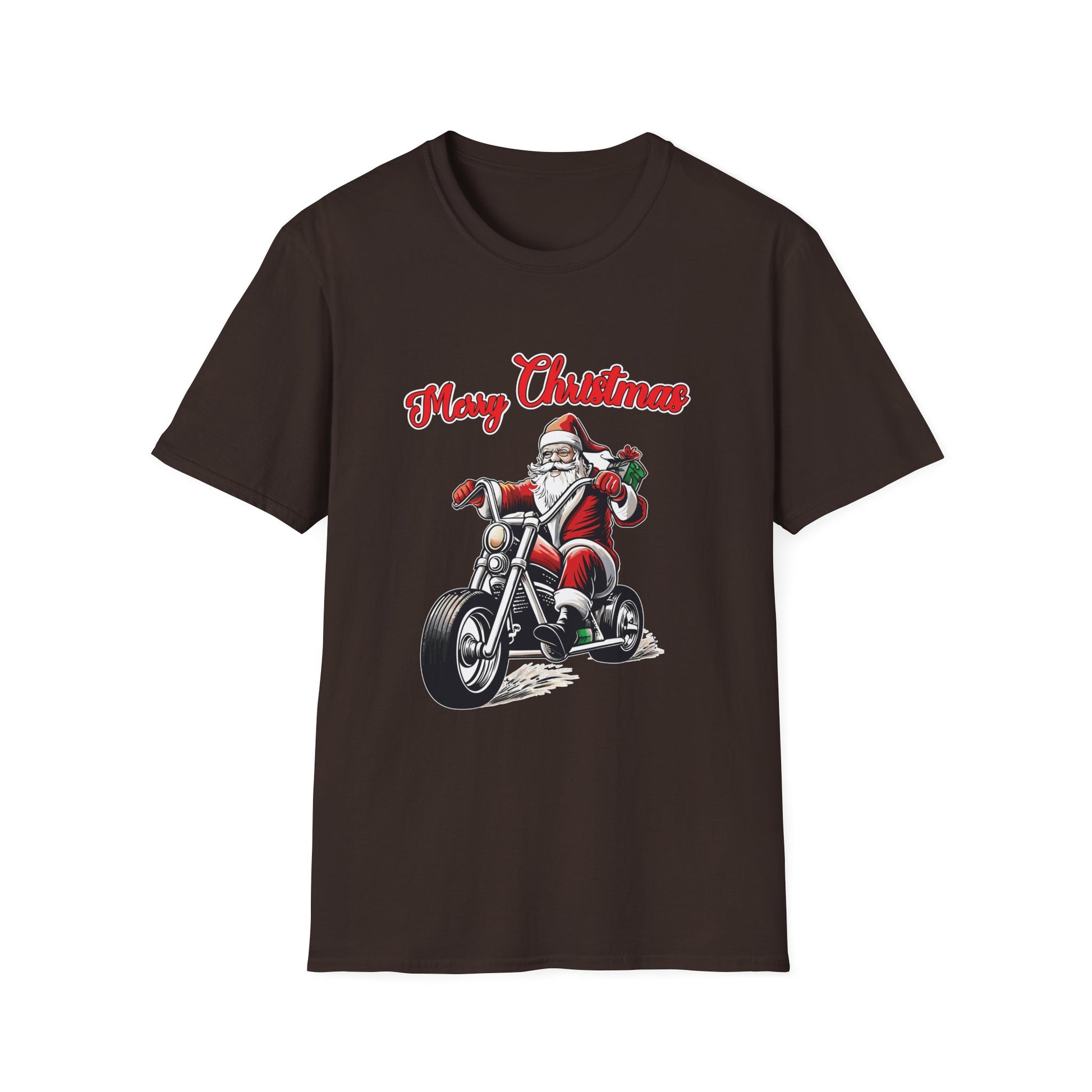 Santa Riding a Motorbike Christmas Tee_ Motorcycle Christmas Unisex Softstyle T-Shirt