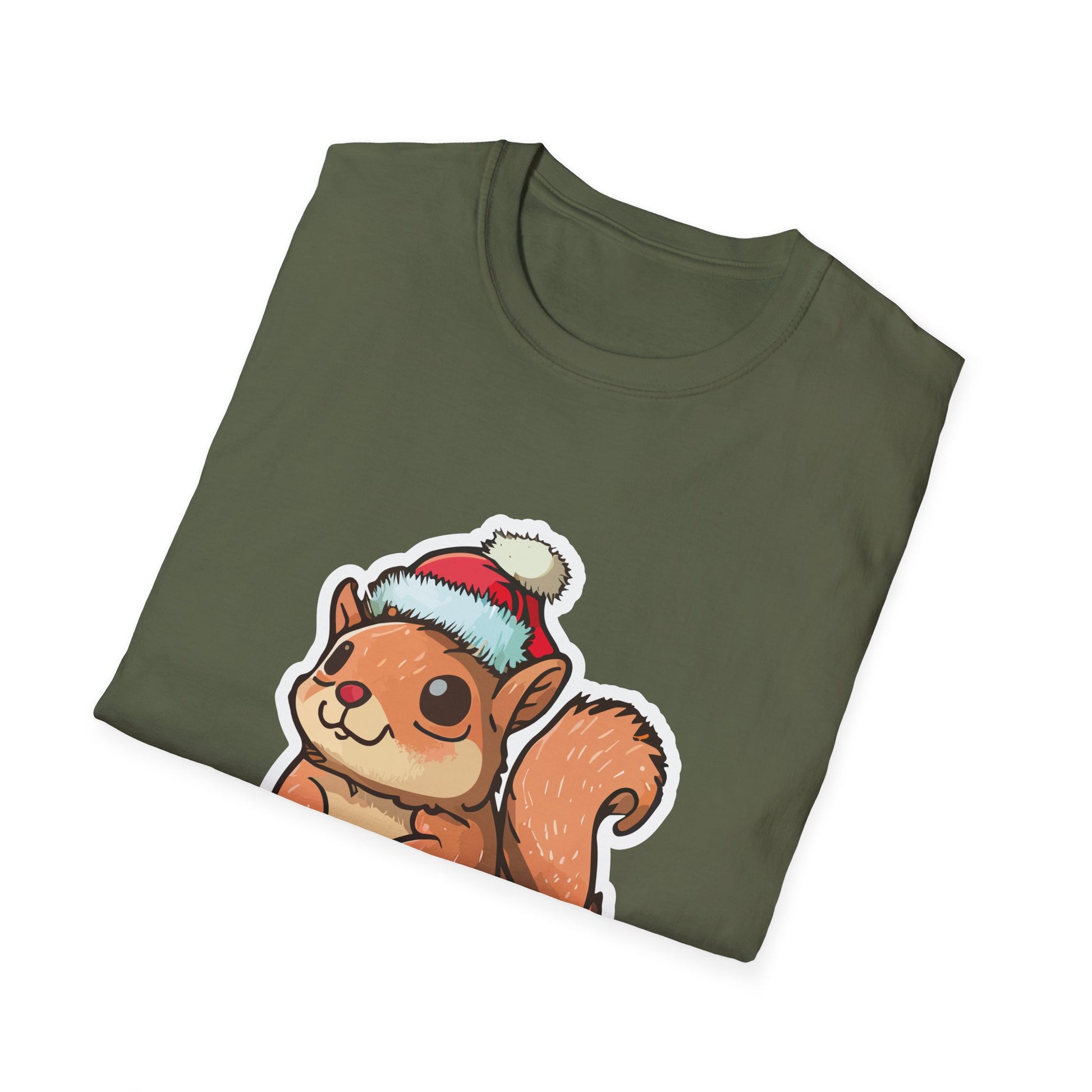 Cute Winter Squirrel T-Shirt — Cartoon Squirrel Wearing Knit Hat and Acorn