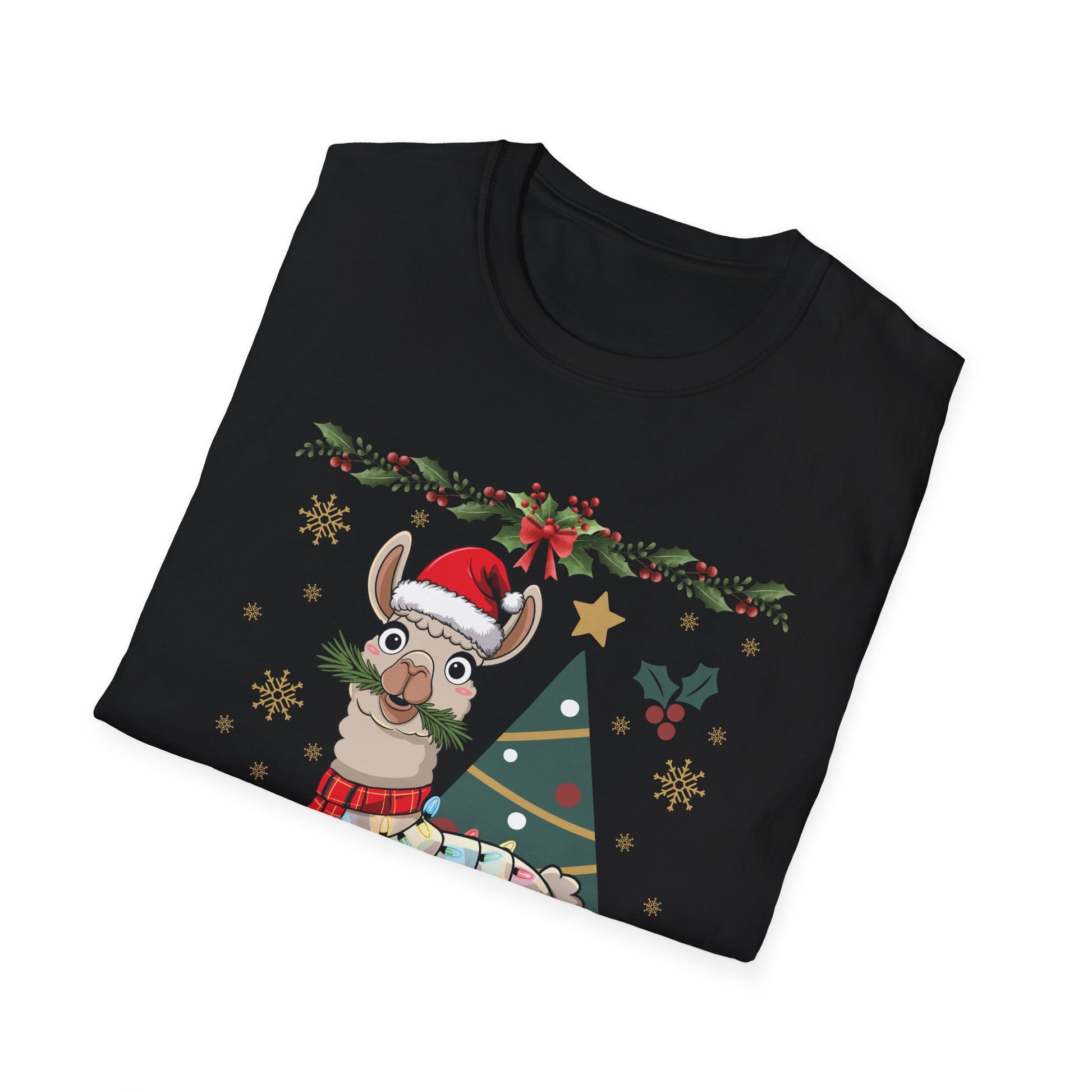 Christmas Llama T-Shirt — Festive Holiday Alpaca with Lights & Tree