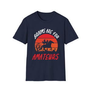 Witch Riding Horse T-Shirt – “Brooms Are For Amateurs” Retro Sunset Halloween Tee