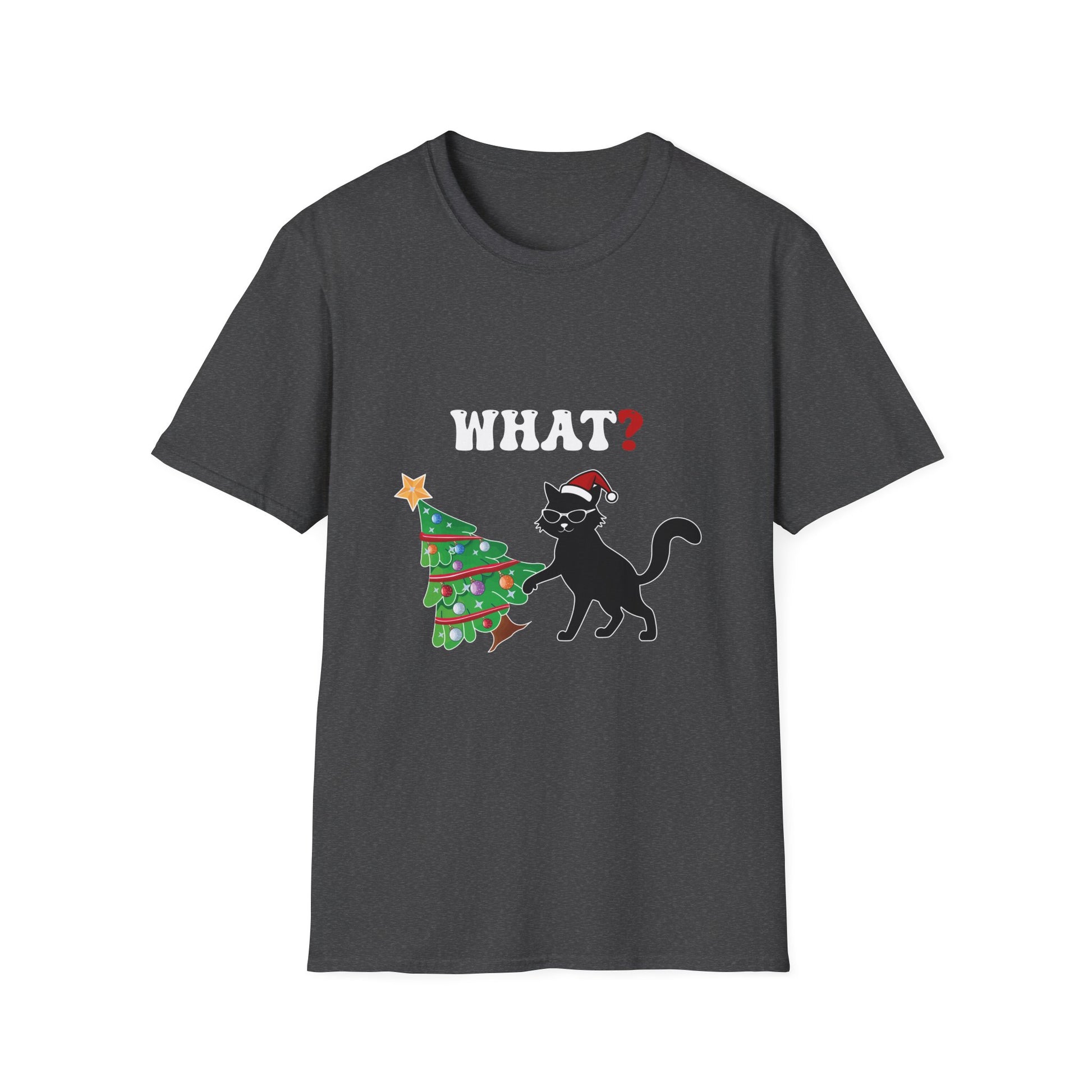 Funny Black Cat Gift Pushing Christmas Tree Over Cat What Unisex Softstyle T-Shirt