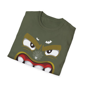 Scary Halloween Monster Face T-Shirt — Creepy Grinning Design with Spider Web