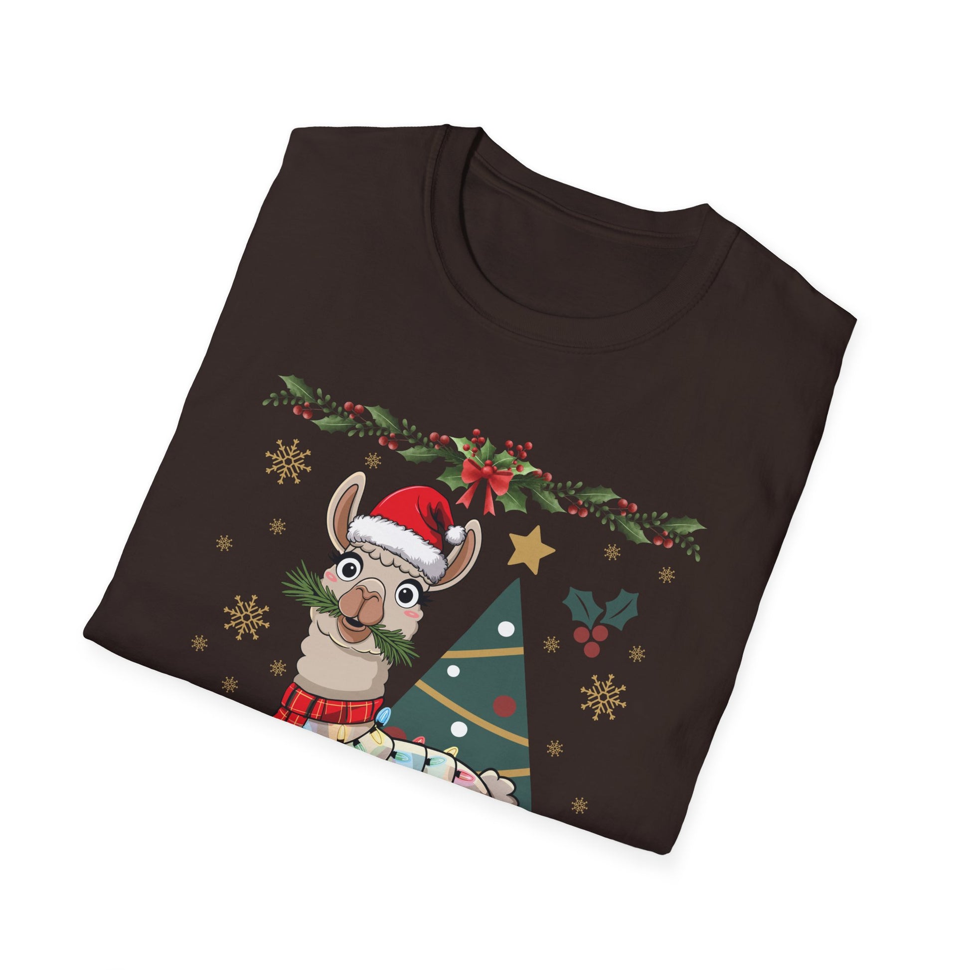Christmas Llama T-Shirt — Festive Holiday Alpaca with Lights & Tree