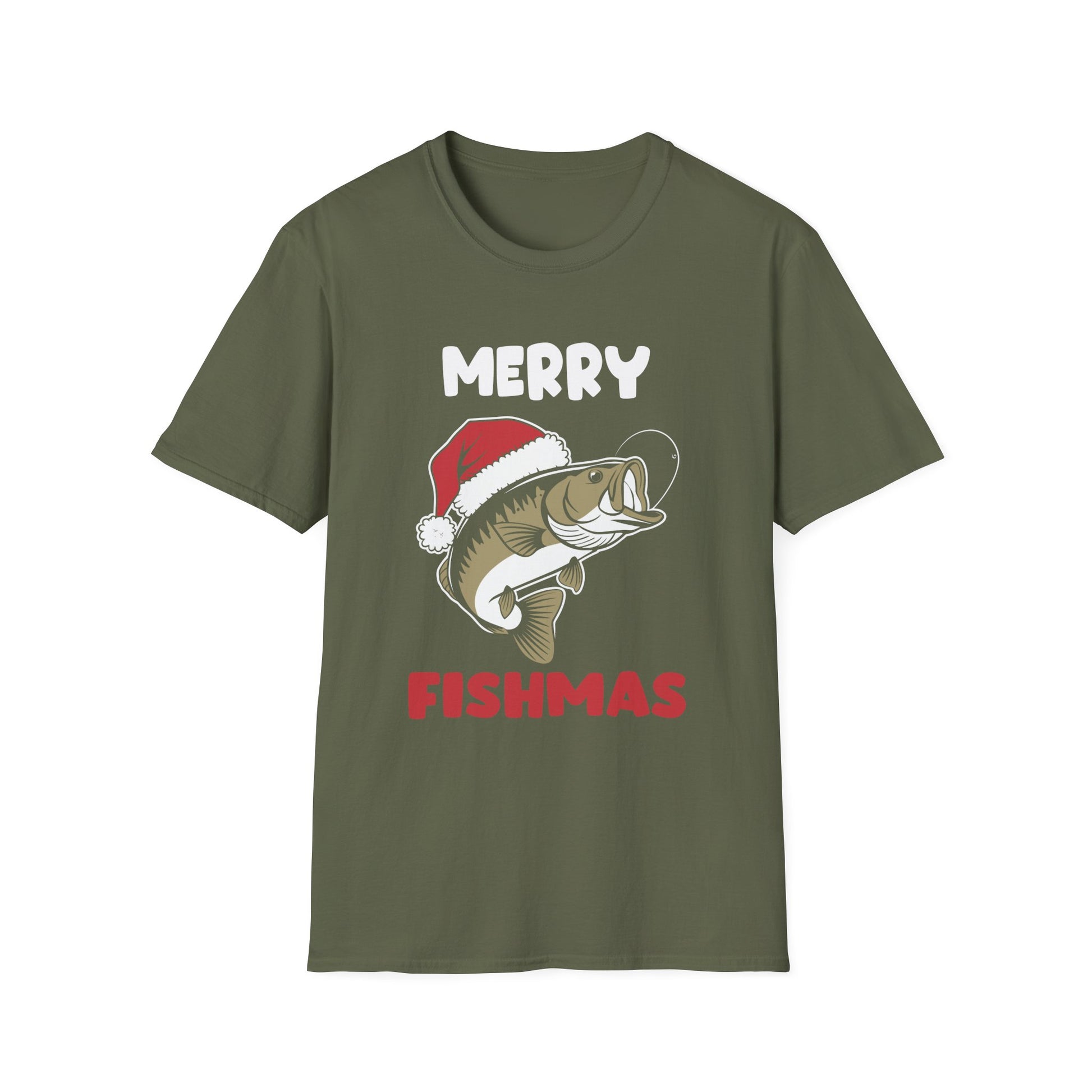 Merry Fishmas T-Shirt — Funny Christmas Fishing Shirt with Santa Hat Bass