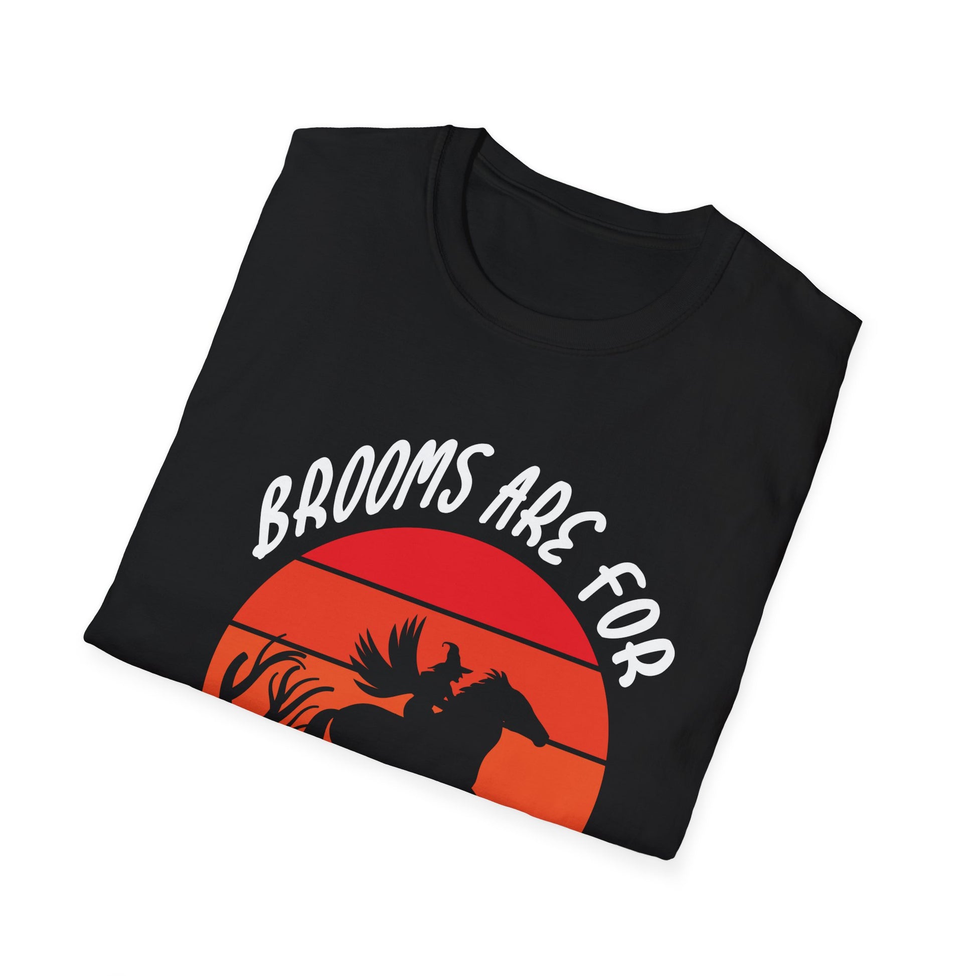Witch Riding Horse T-Shirt – “Brooms Are For Amateurs” Retro Sunset Halloween Tee