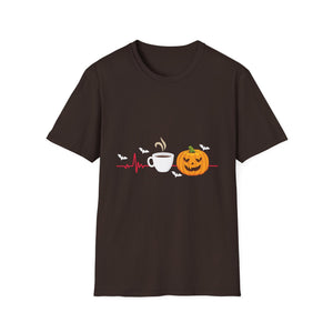 Halloween Coffee T-Shirt — Pumpkin, Bat & Heartbeat Graphic Tee