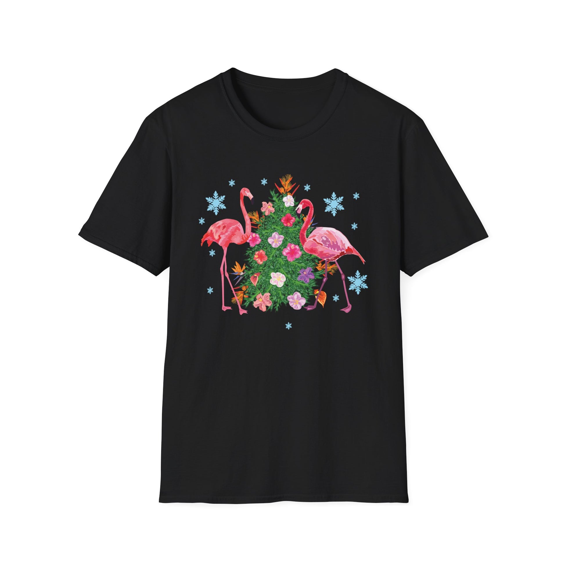 Flamingo Holiday T-Shirt — Festive Flamingos with Christmas Tree