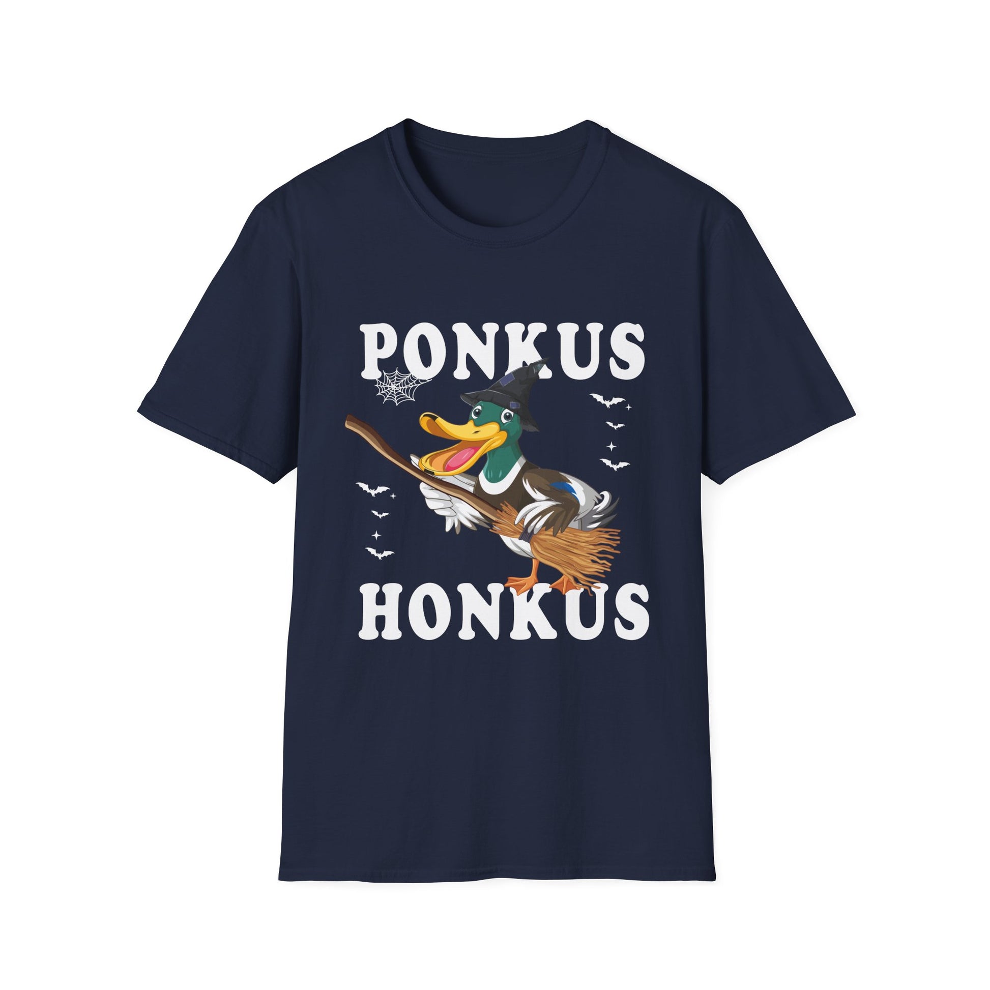 Ponkus Honkus Duck Witch T‑Shirt — Funny Halloween Broomstick Duck Tee