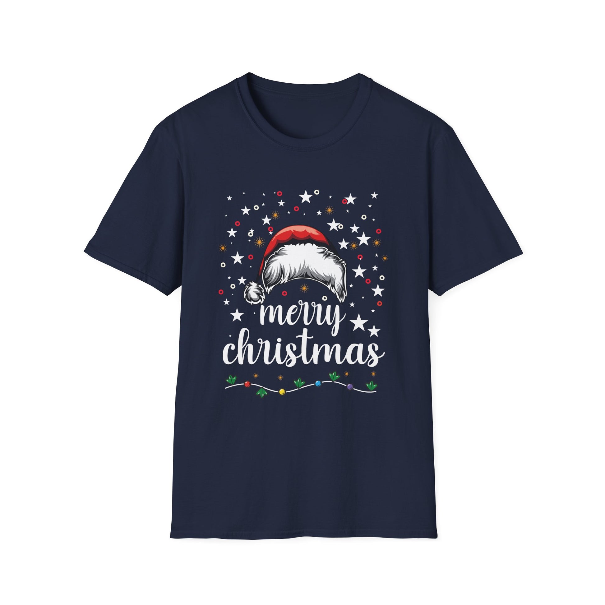 Christmas T-Shirt — "Merry Christmas" Santa Hat & Lights Holiday Tee