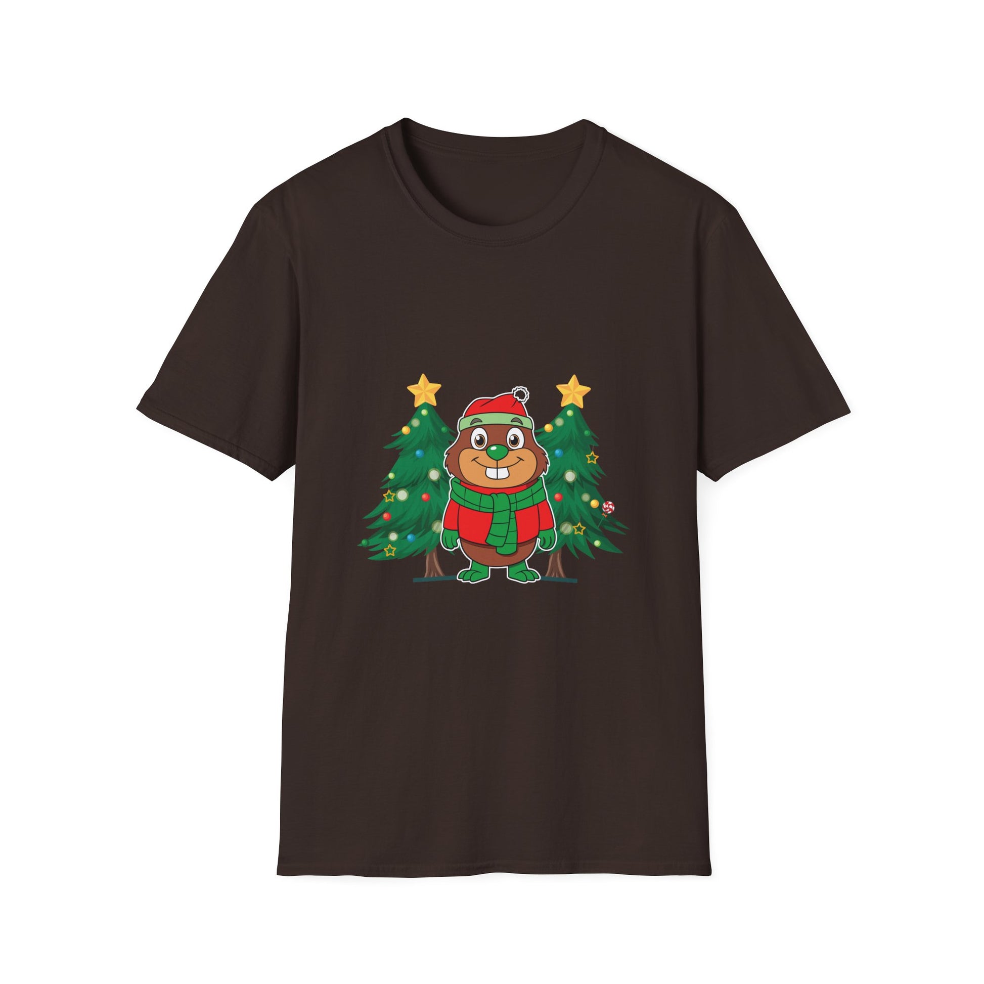 Christmas Groundhog T-Shirt — Cute Festive Groundhog in Scarf with Decorated Trees