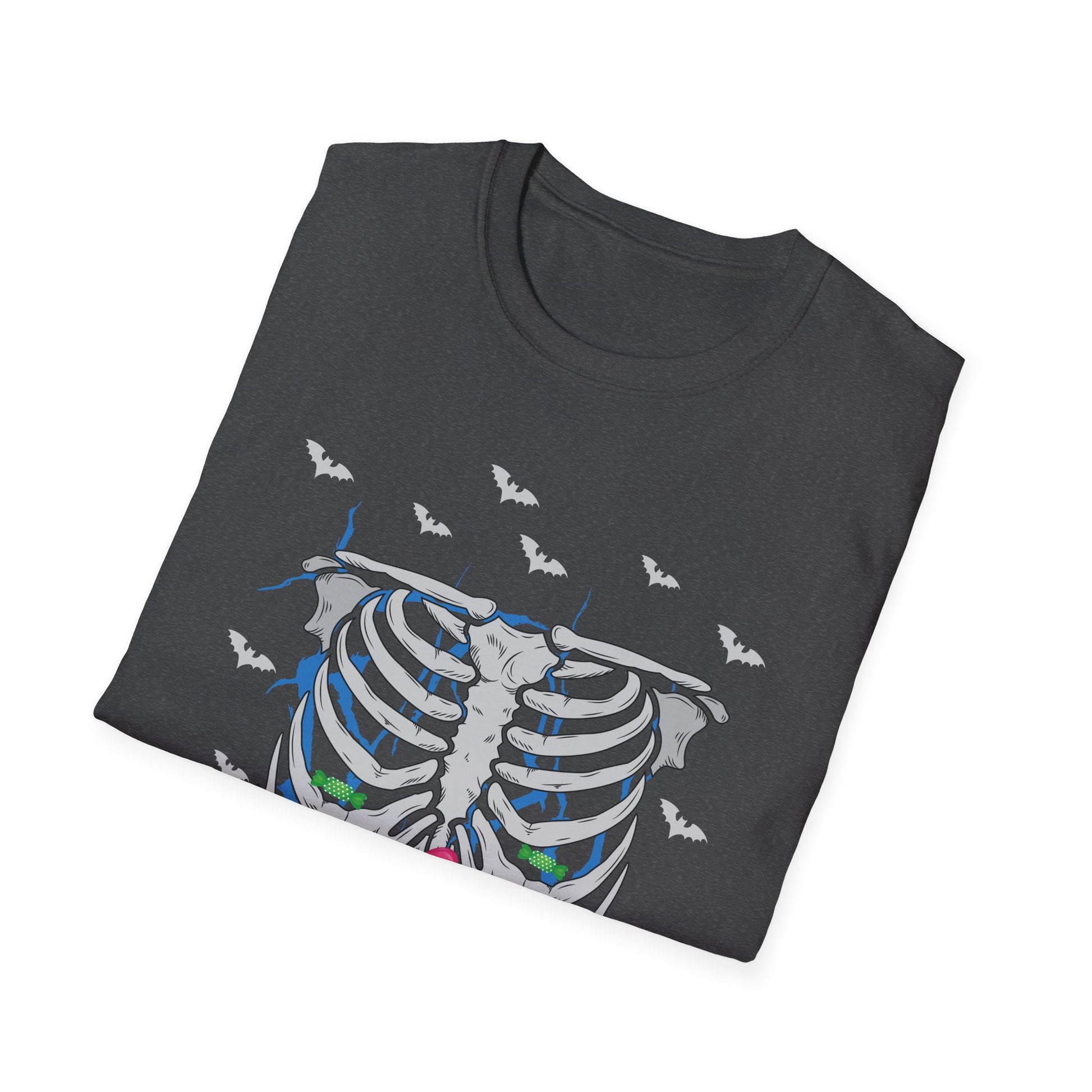 Skeleton Ribcage Floral T‑Shirt — Colorful Rib Bones with Flowers & Bats