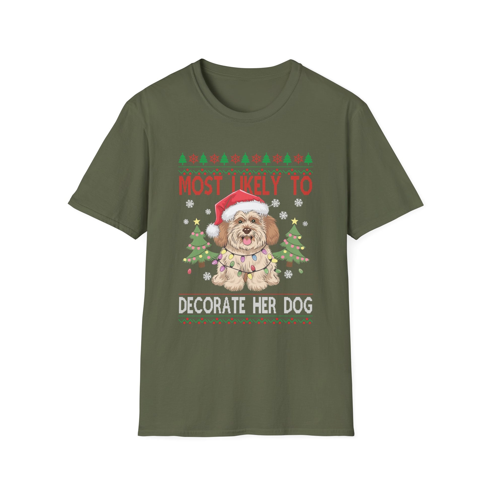 Most Likely To Decorate Her Dog Yorkie Christmas Pajamas Unisex Softstyle T-Shirt
