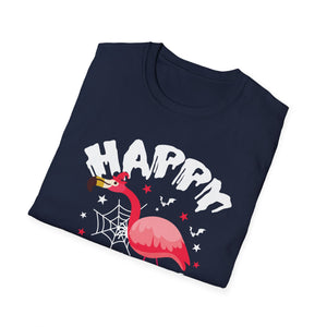 Happy Halloween Flamingo T-Shirt – Cute Spooky Pink Flamingo with Spiderweb & Bats