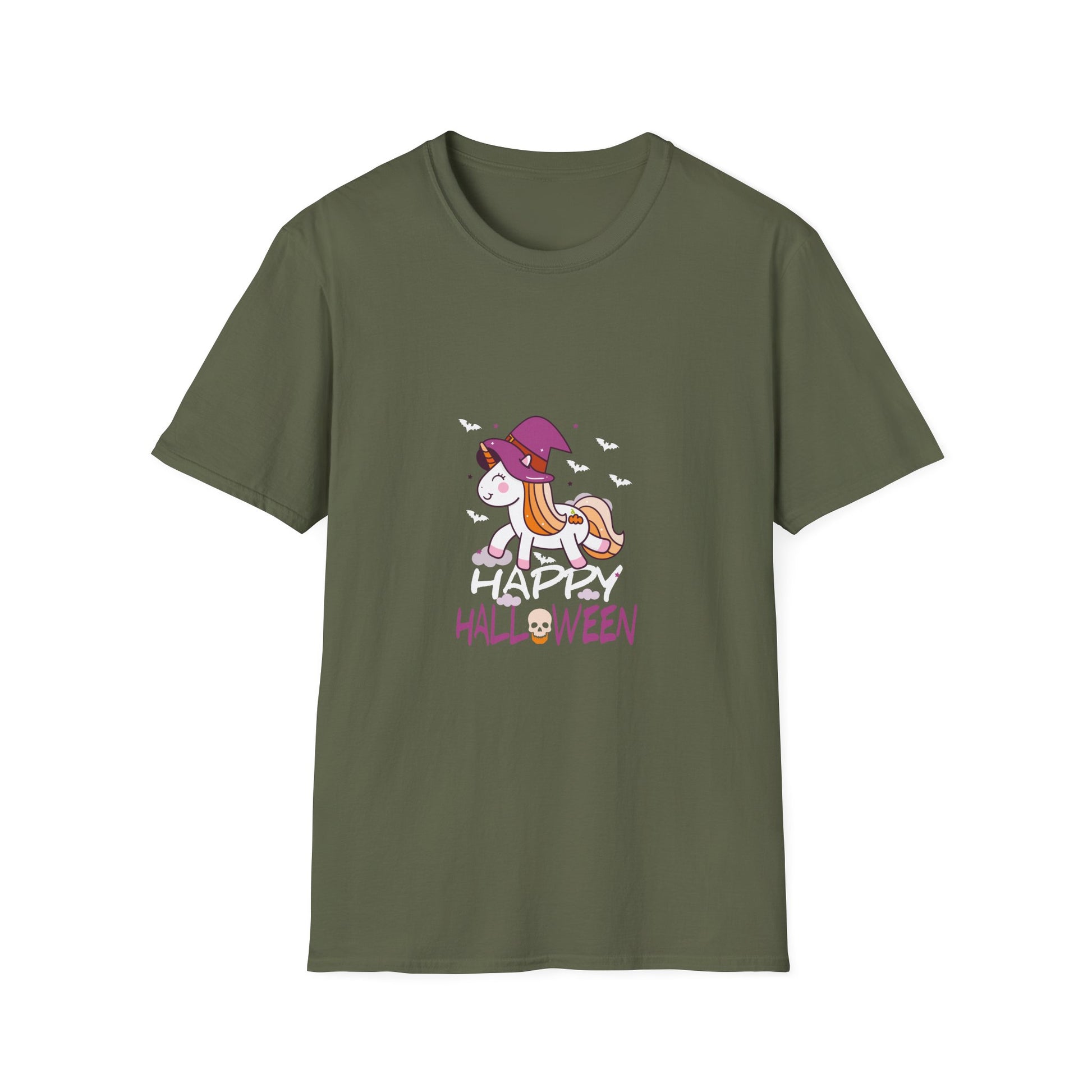 Happy Halloween Unicorn T-Shirt — Cute Witch Hat Unicorn with Bats & Skull