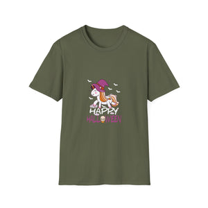 Happy Halloween Unicorn T-Shirt — Cute Witch Hat Unicorn with Bats & Skull