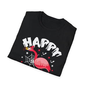 Happy Halloween Flamingo T-Shirt – Cute Spooky Pink Flamingo with Spiderweb & Bats